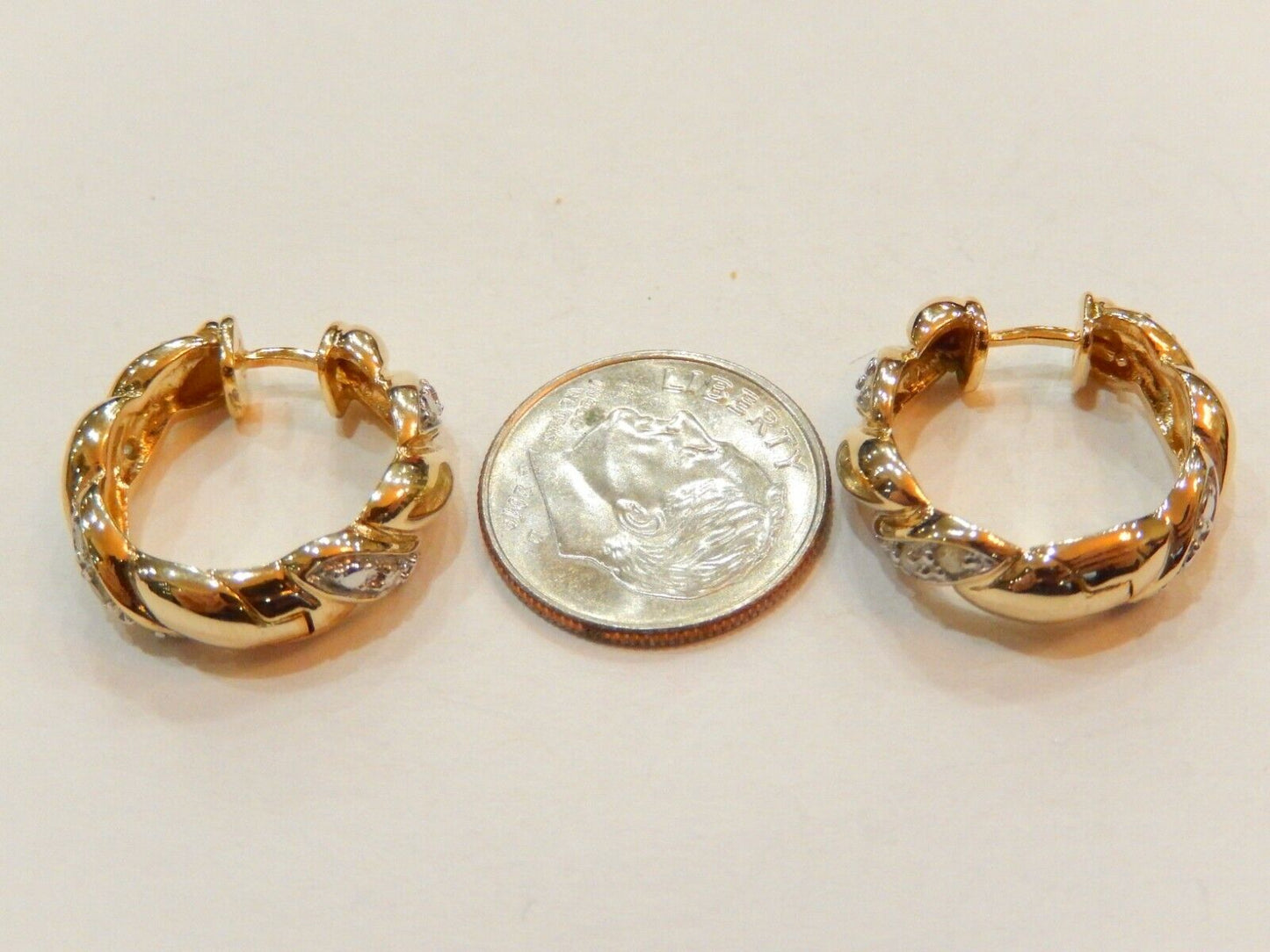 14K Yellow Gold Vermeil  Sterling  Real Diamond Hoop Earrings