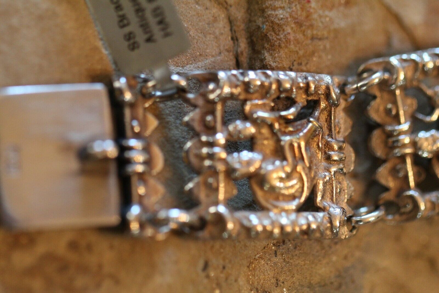 *ANTIQUE* 838 Silver Ancient Roman Design Bracelet 7" Length x 1" Wide