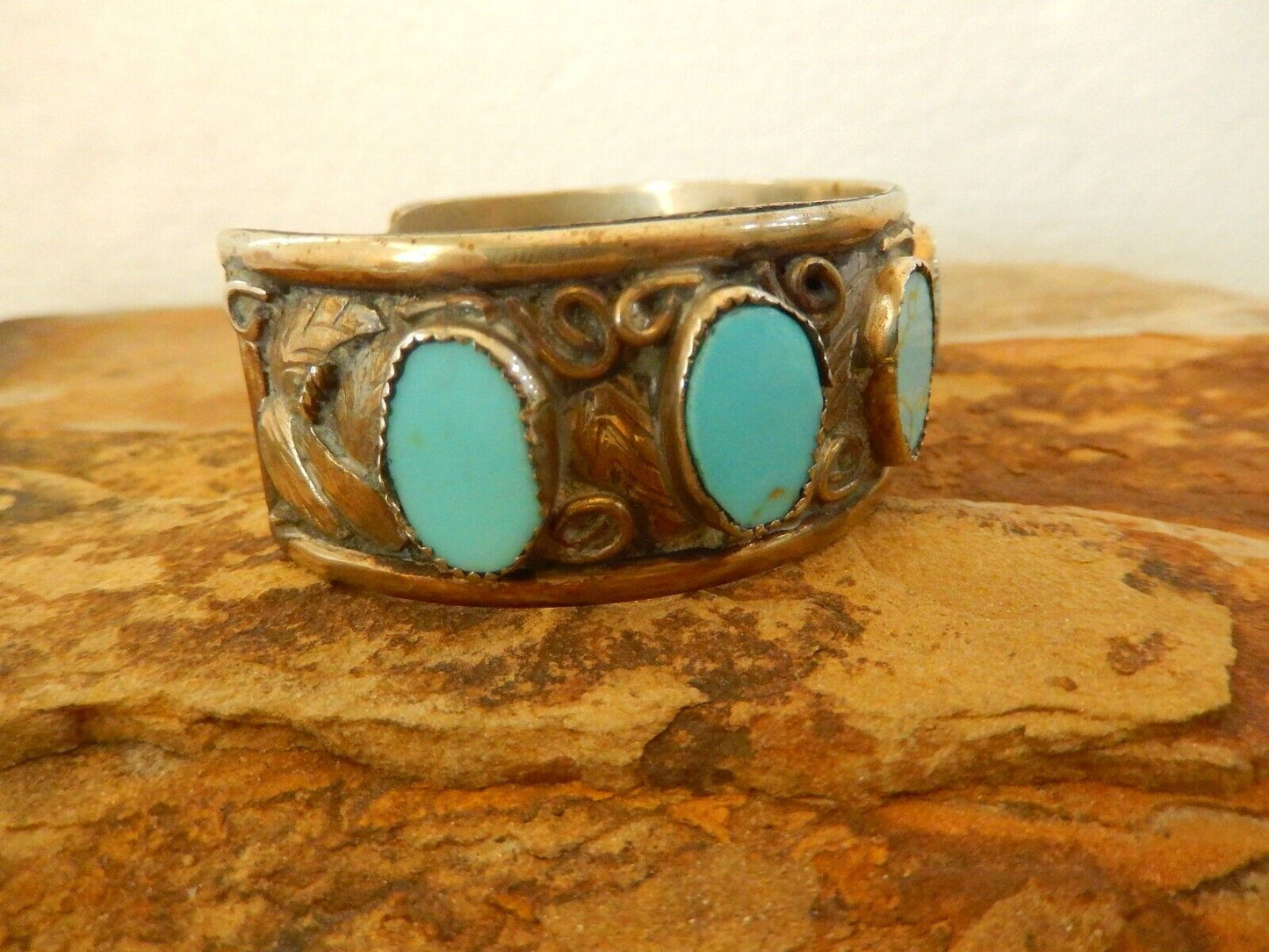 Vintage  South West Turquoise Wide Coin Silver Cuff Bangle 40.23gms