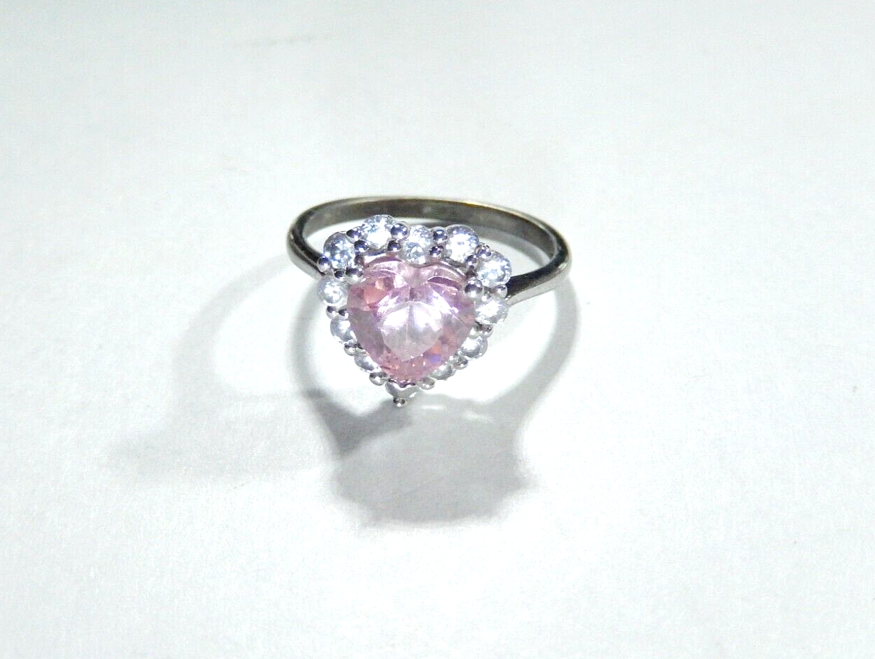 *VINTAGE*  Women's Heart Pink CZ Halo Ring  .925 Sterling Silver Band Size 7