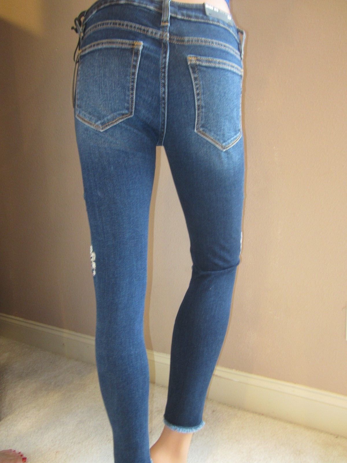 NWT MISS ME Embellished Ankle Skinny Cut Stretch Dark Blue Jeans 25 x 27