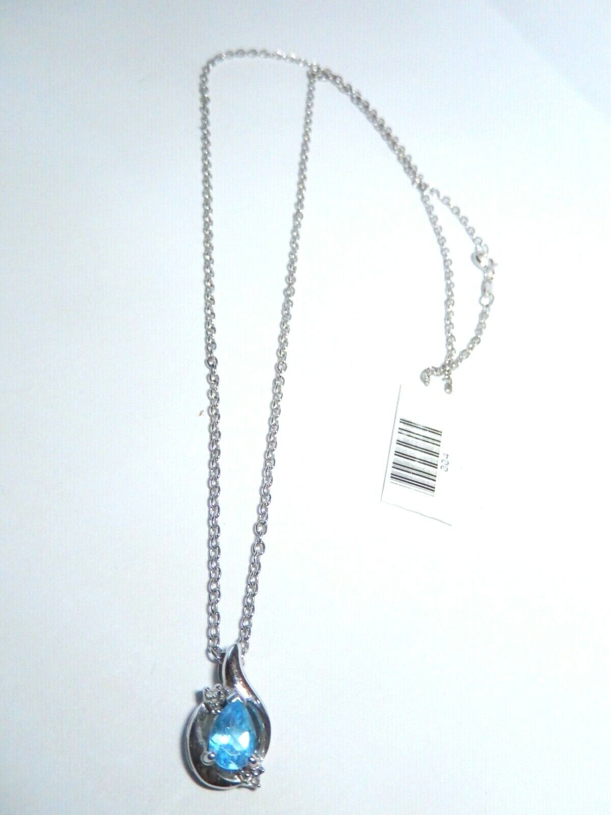 *NWT*  10K WHITE GOLD SKY BLUE TOPAZ PEAR & DIAMOND PENDANT With 18" Chain