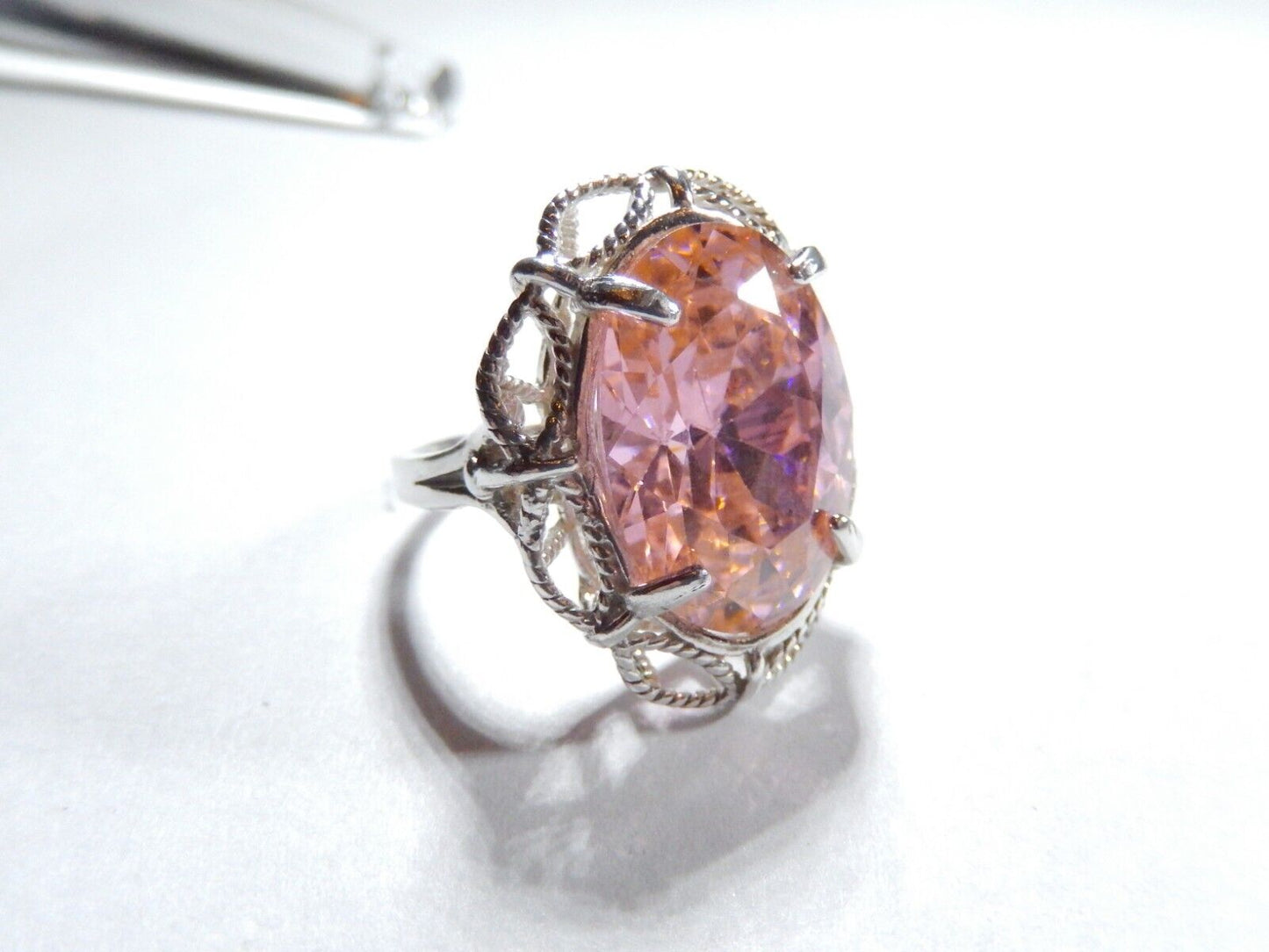 "HUGE-  .925 Sterling Silver 20.0 CT Statement Ring Pink CZ Cocktail Ring sz5.75