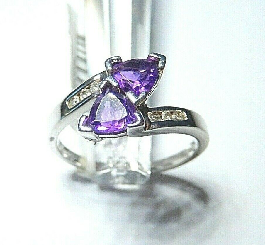 *NWT* 10K White Gold 1 CT Triangle Cut Amethyst & Six Diamond Bypass Ring Sz 7.5