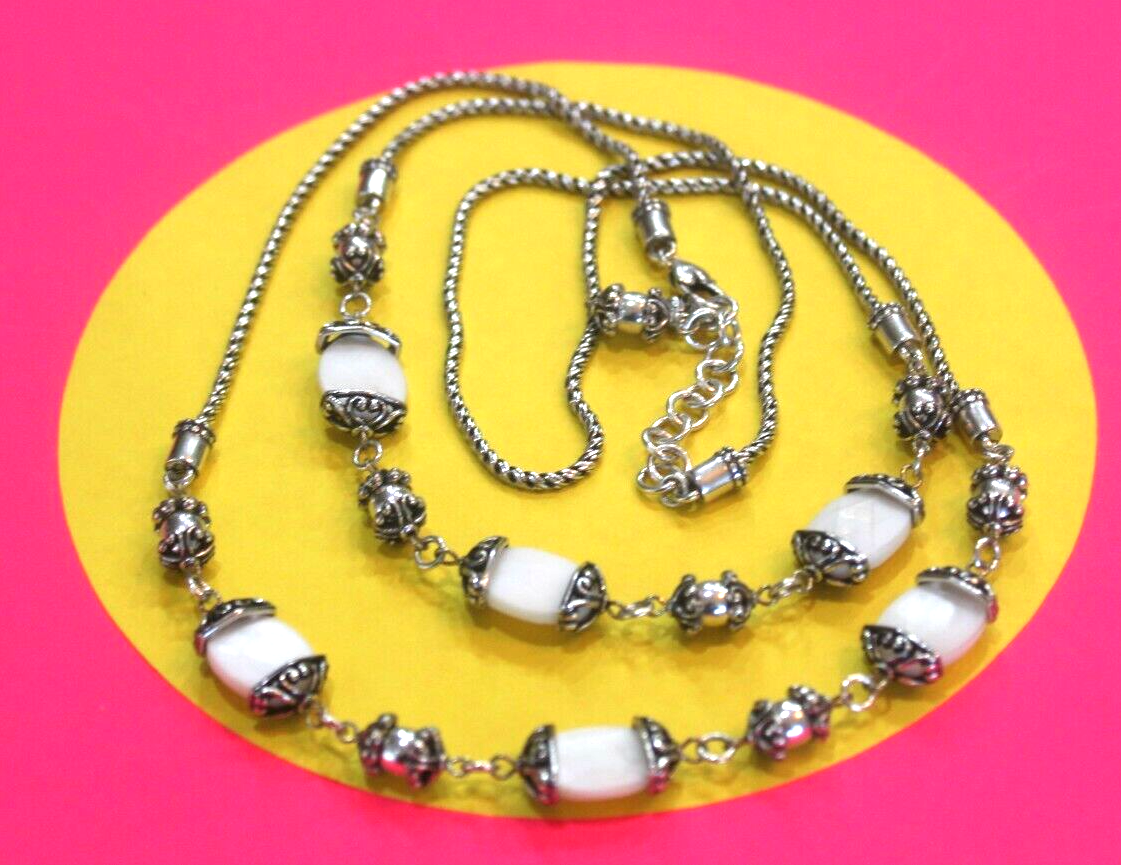 *RETIRED* BRIGHTON Long Statement Necklace Mother Pearl Beaded Silver Strand 43"