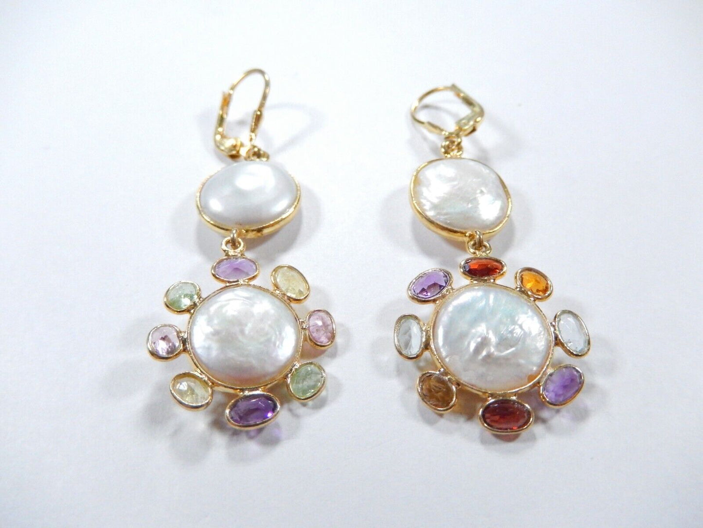 ~NEW~ Gold Vermeil White Button Pearl & Multi Gem Drop Dangle Leverback Earrings