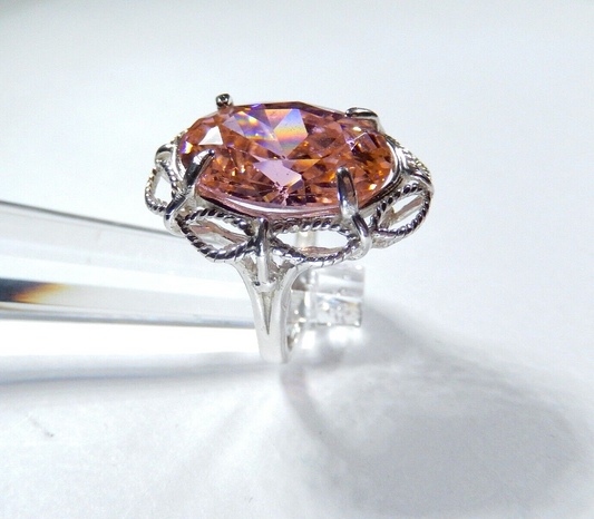 *HUGE  .925 Sterling Silver 20.0 CT Statement Ring Pink CZ Cocktail Ring sz6