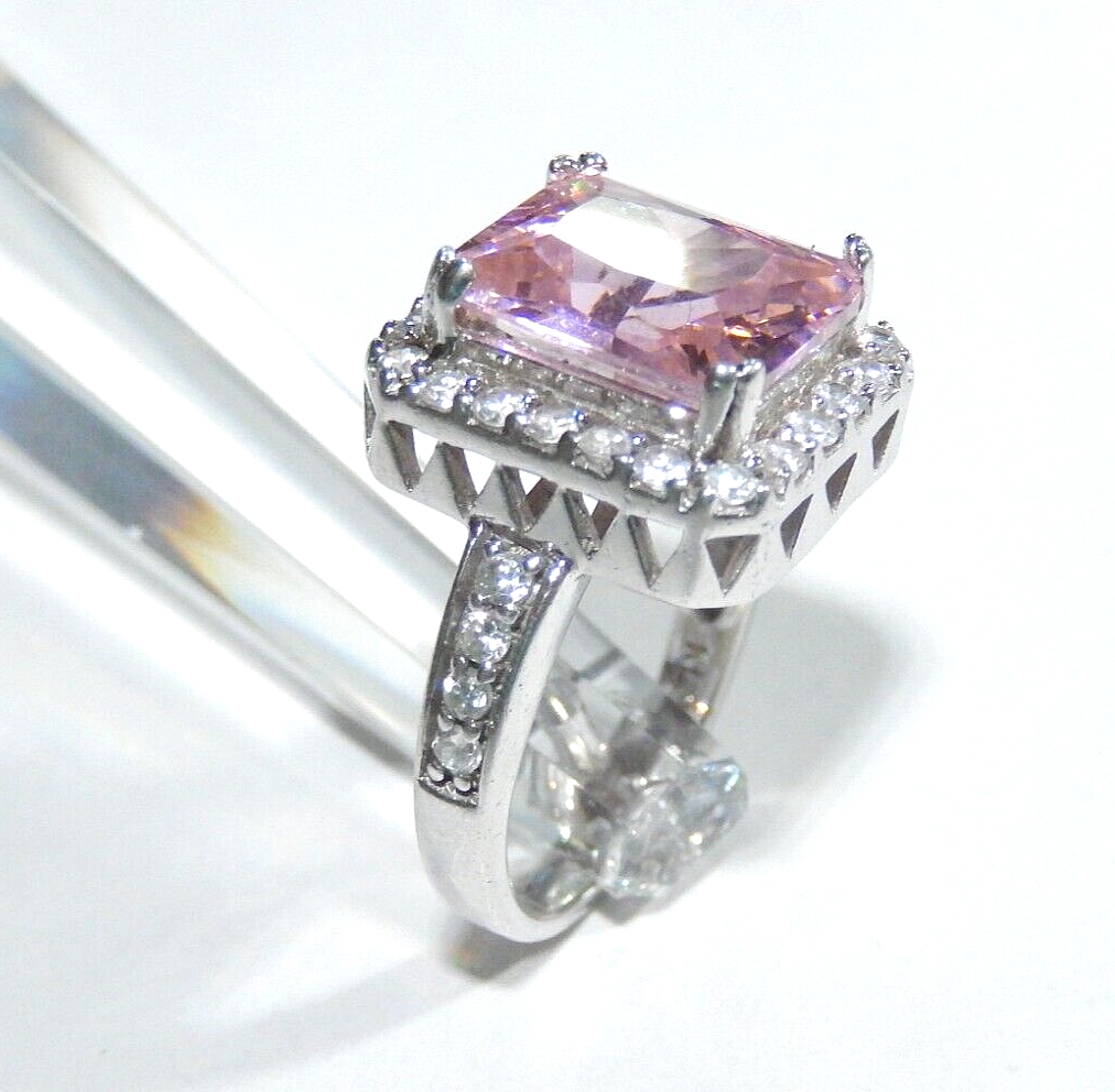 *VINTAGE* Sterling  CZ Pink & White 5.0CT Emerald Cut Cocktail Ring Sz 7