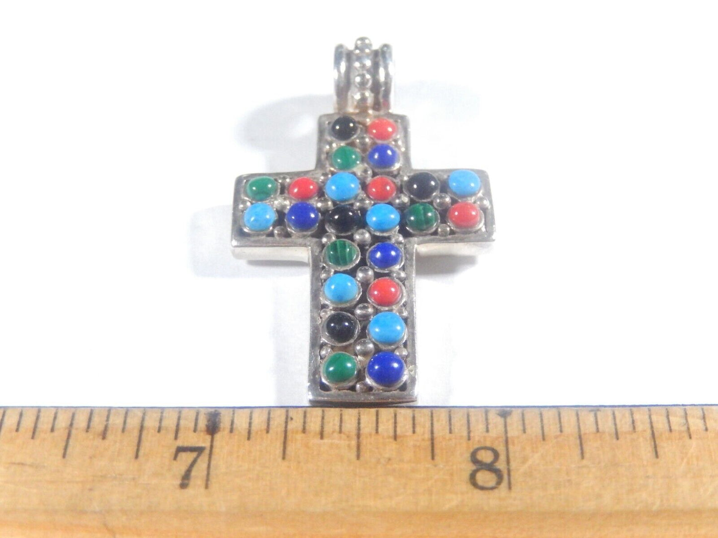 *VINTAGE*   STERLING SILVER MULTI STONE CROSS PENDANT - SIGNED  925