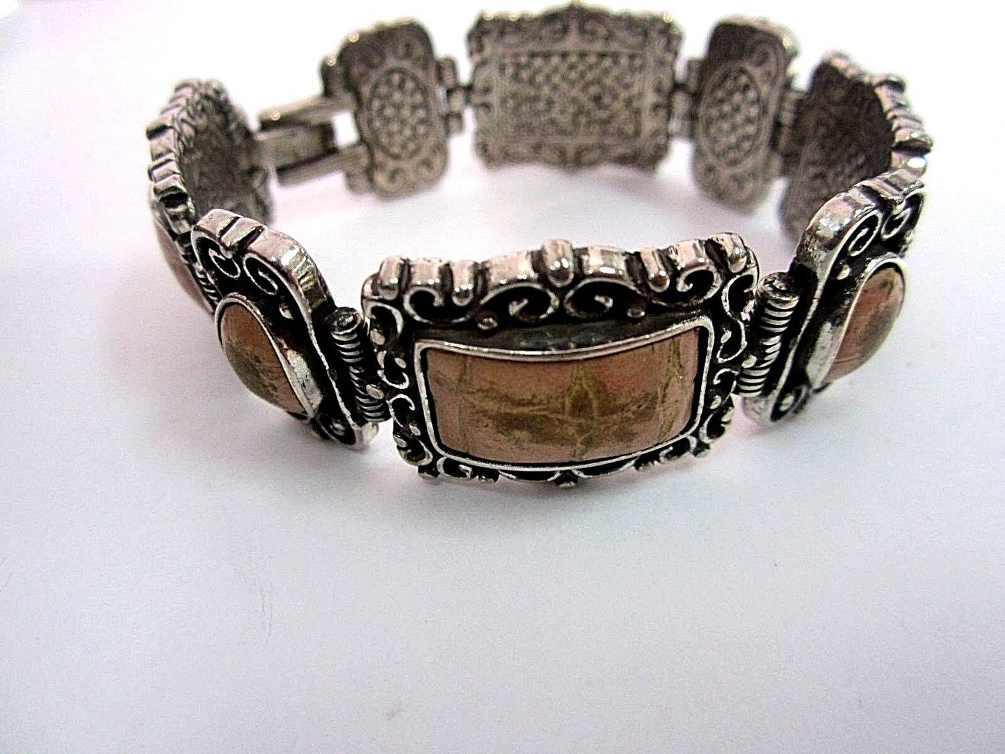 RETIRED Brighton Wide Victorian Style Gemstone & Silver Link Bracelet 7/8" Wide