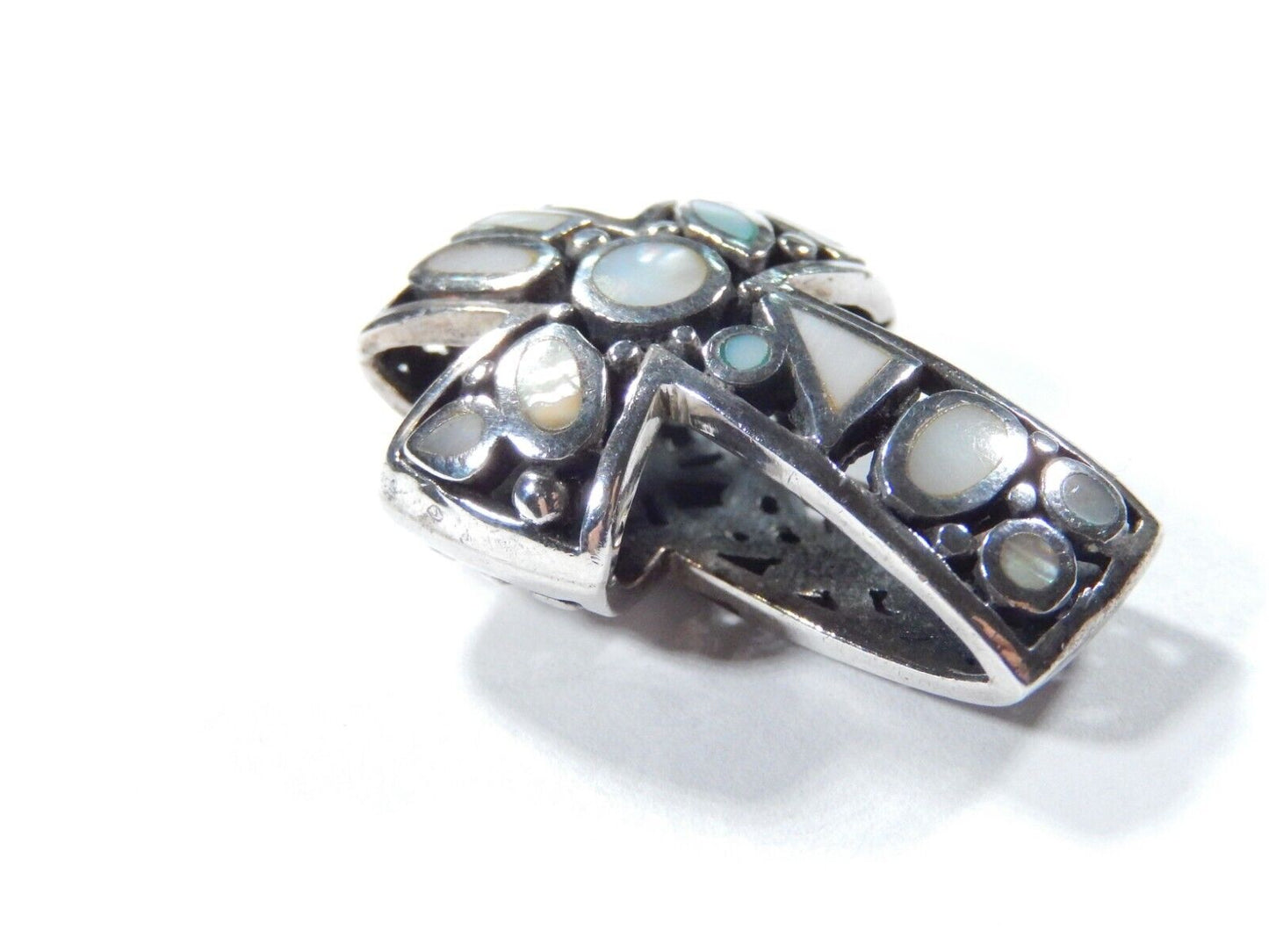 *VINTAGE*  Sterling Silver Mother of Pearl & Filigree Reversable Cross Pendant