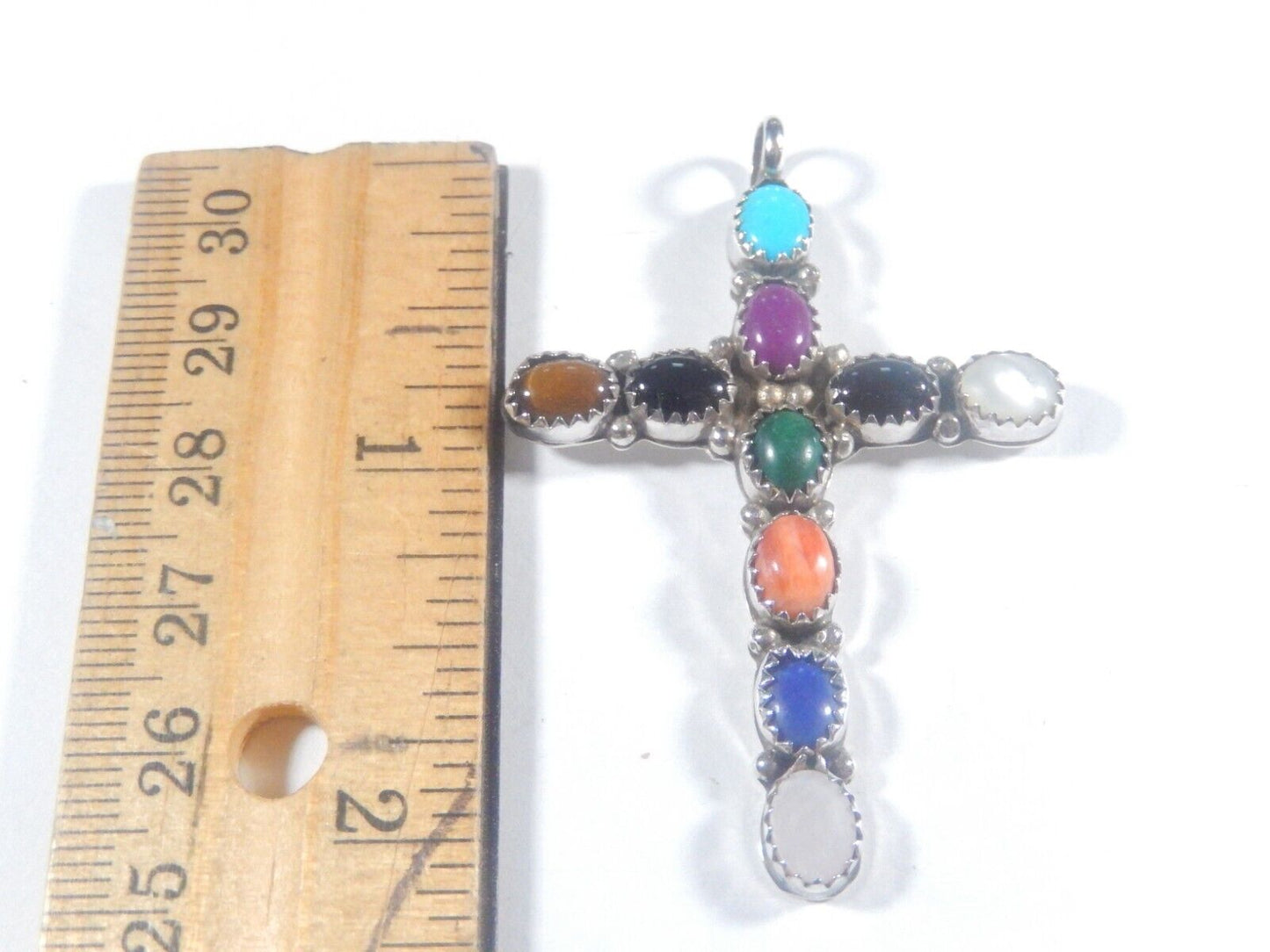 *VINTAGE*   Large Sterling Silver Handmade Multi Gemstone Cross Pendant