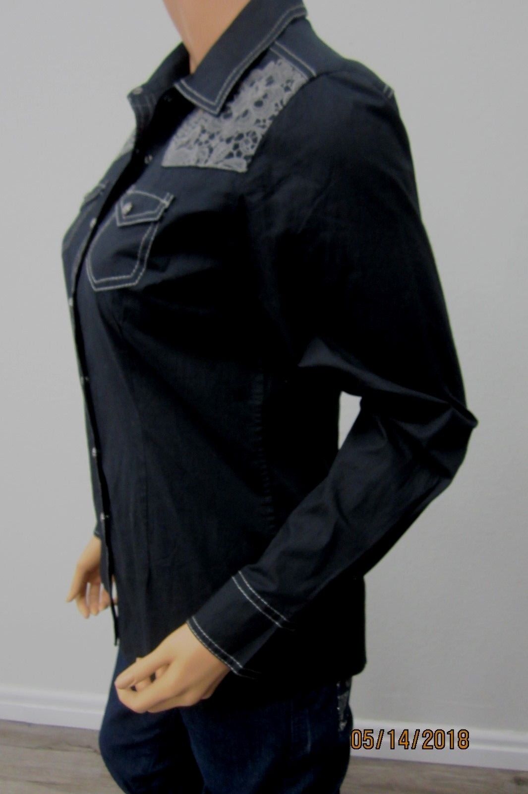 NWT Ariat Women's Lottie Snap Shirt w/Lace Embroidered Yoke - Black Size S/P