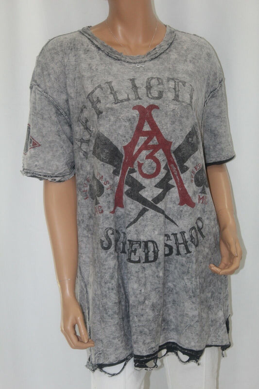 Affliction Mens T-Shirt Gray Red Black American 73 Graphic V-Neck Reversible XXL
