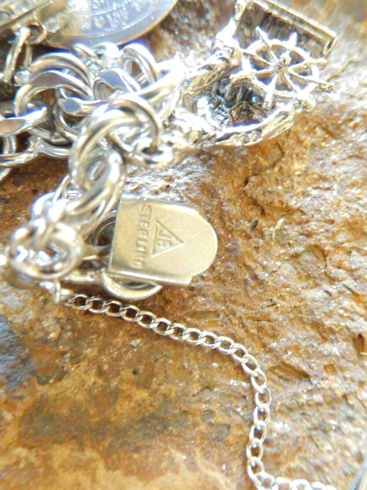 *VINTAGE *  JB Sterling Silver Heavy Dbl Link Charm Bracelet & 14 Mixed Charms