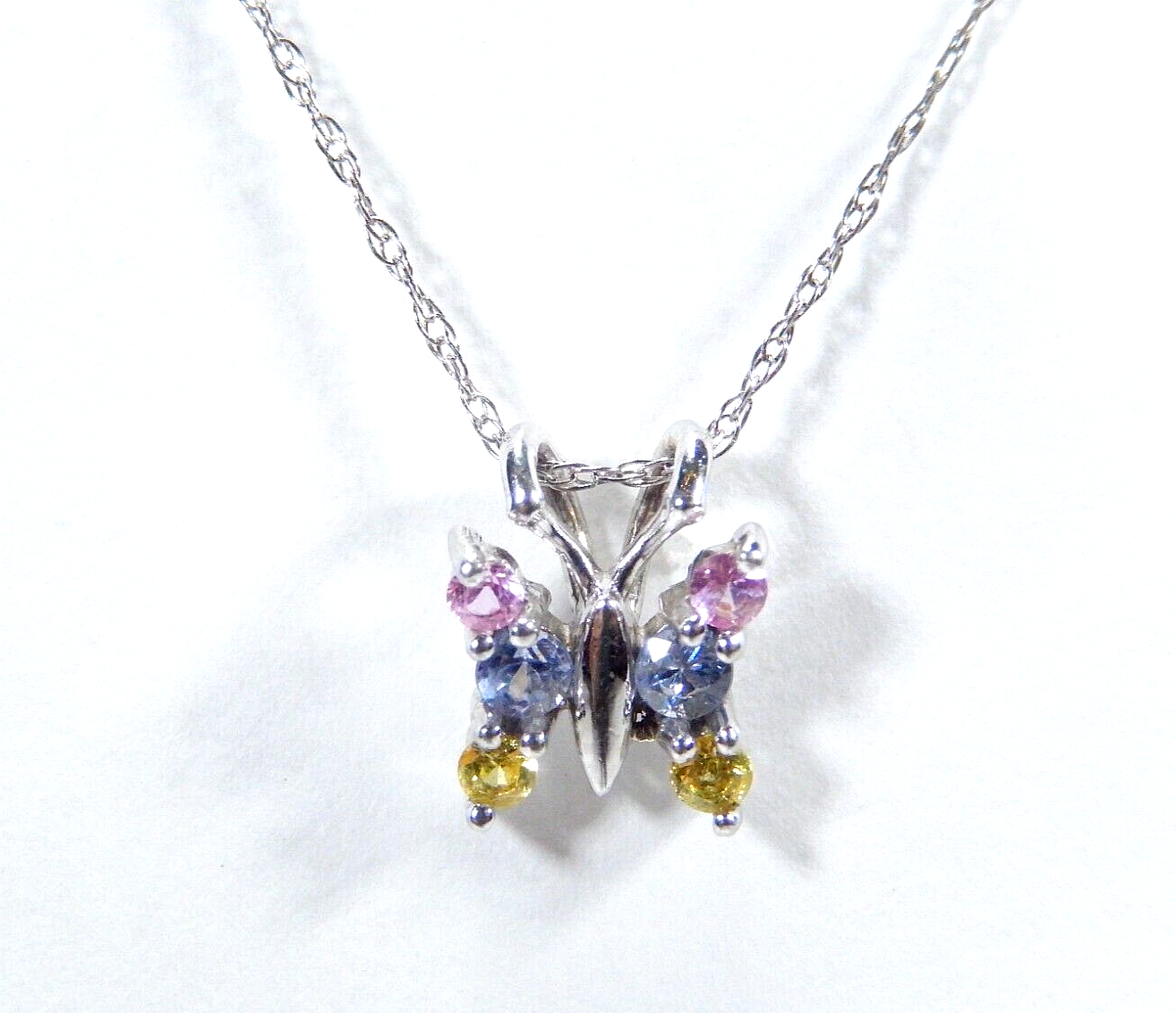 14K White Gold Multi Color Topaz Butterfly Pendant with/19"10K WG Chain