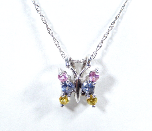 14K White Gold Multi Color Topaz Butterfly Pendant with/19"10K WG Chain
