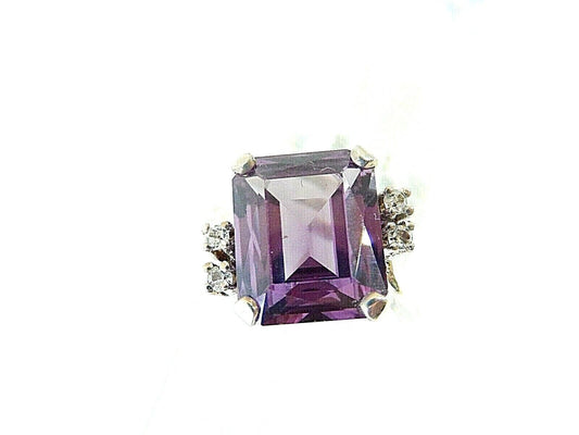 *VINTAGE* Solid 10K White Gold  5ct Amethyst & Diamonds Ladies Fine Ring Sz 7.5