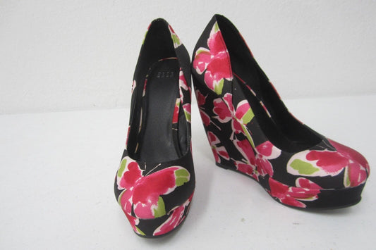 *NEW*ELLE Black Platform Wedges Pink butterfly pattern Round toe Heels Size 7.5