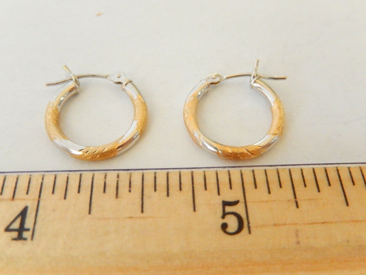 14K White & Yellow Gold Hoop Earrings Diamond Cut Two Tone Round Hoops 15mm