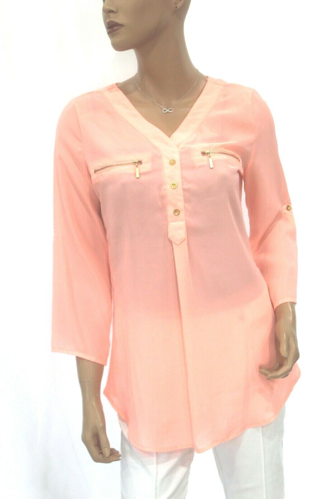 *MINT* Rue21 Women's Sz Med Long Sleeve CoralPullover Sheer Blouse High Low Top
