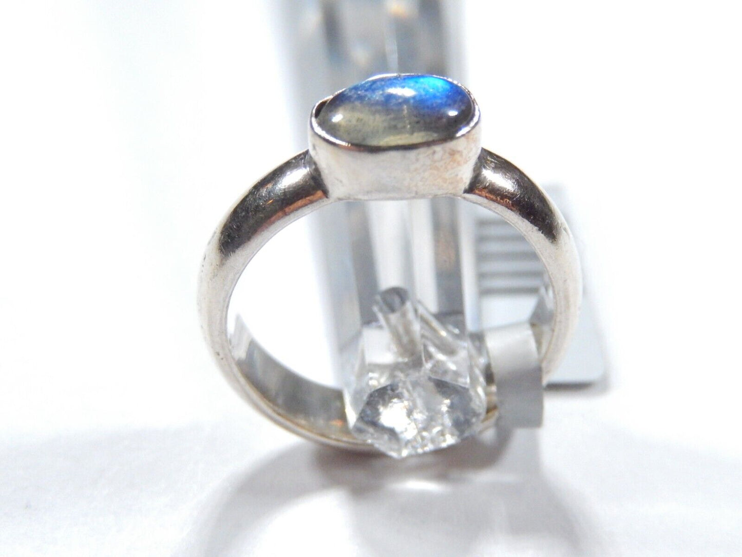 *VINTAGE*  Natural Rainbow Moon Stone 4.5 mm Wide Band Sterling Silver Size 5