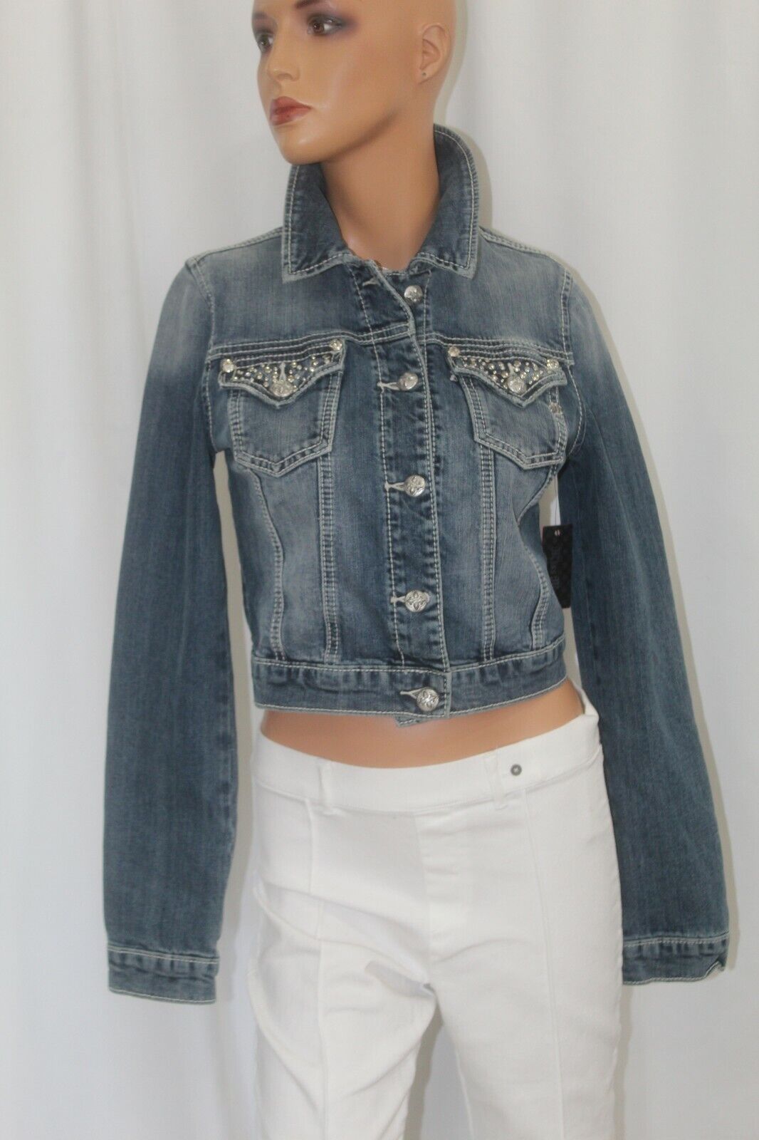 *NWT* Miss Me  JJ5788A Denim Jacket Rhinestone & Silver Stud Design Size Small