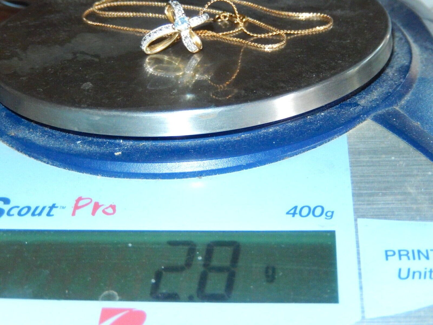 *VINTAGE* Gold Vermeil Sterling Ribbon Cross Blue Topaz Pendant w/16"chain