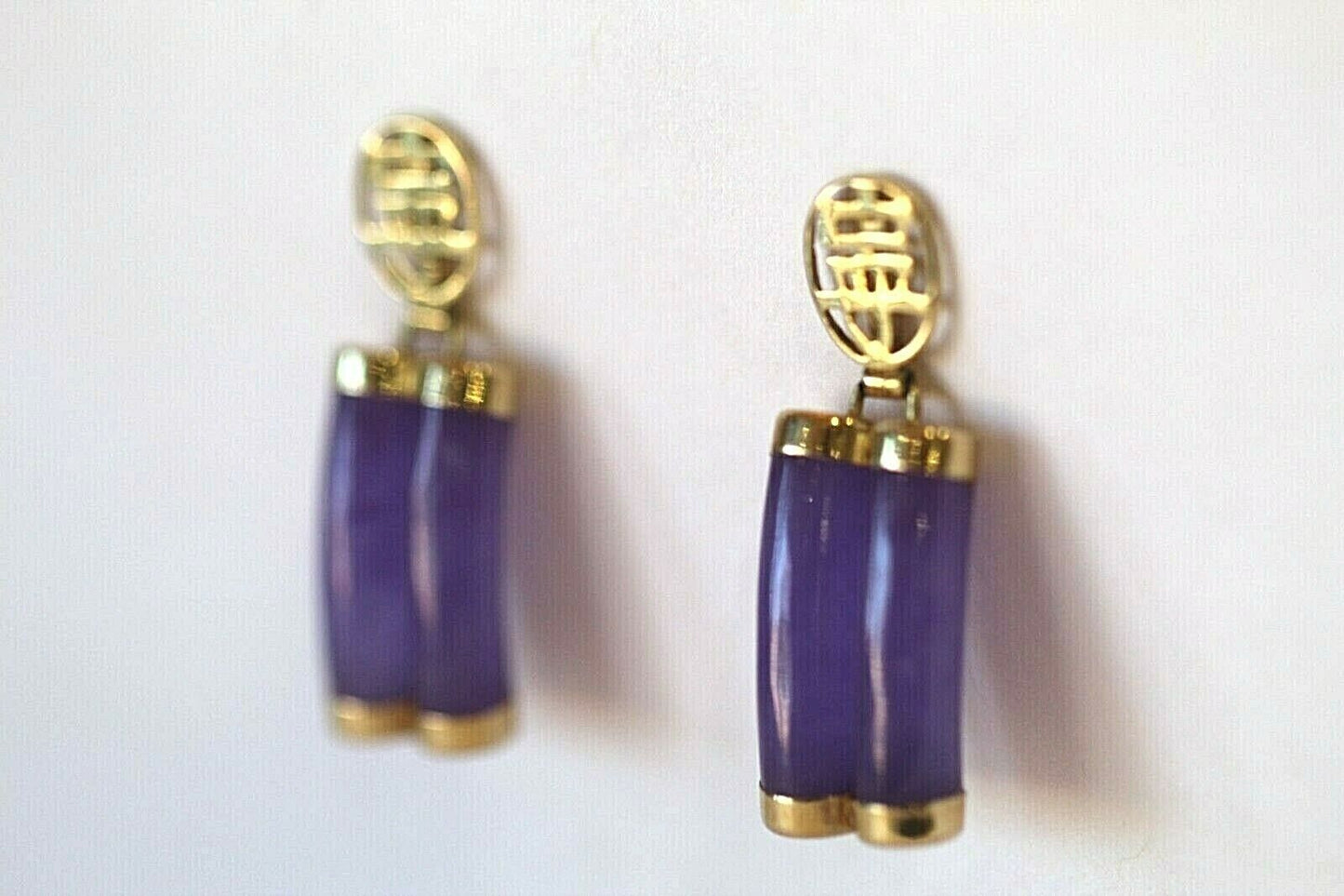 *VINTAGE*  14k Yellow Gold LONGEVITY Chinese Symbol  Amethyst Dangle Earrings