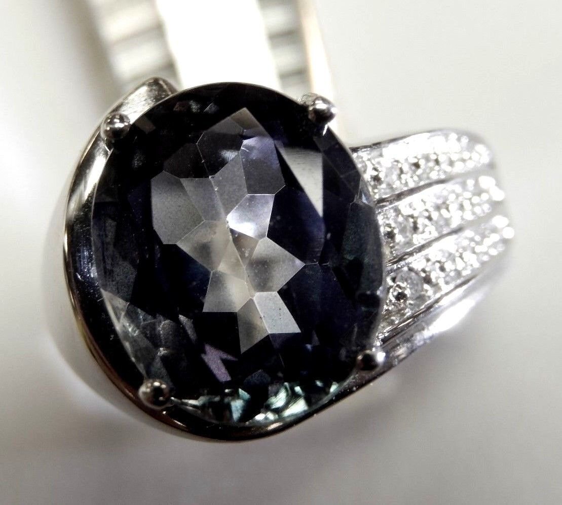 10k White Gold 4CT Blue Topaz & Natural Diamonds Ladies Ring Size 7