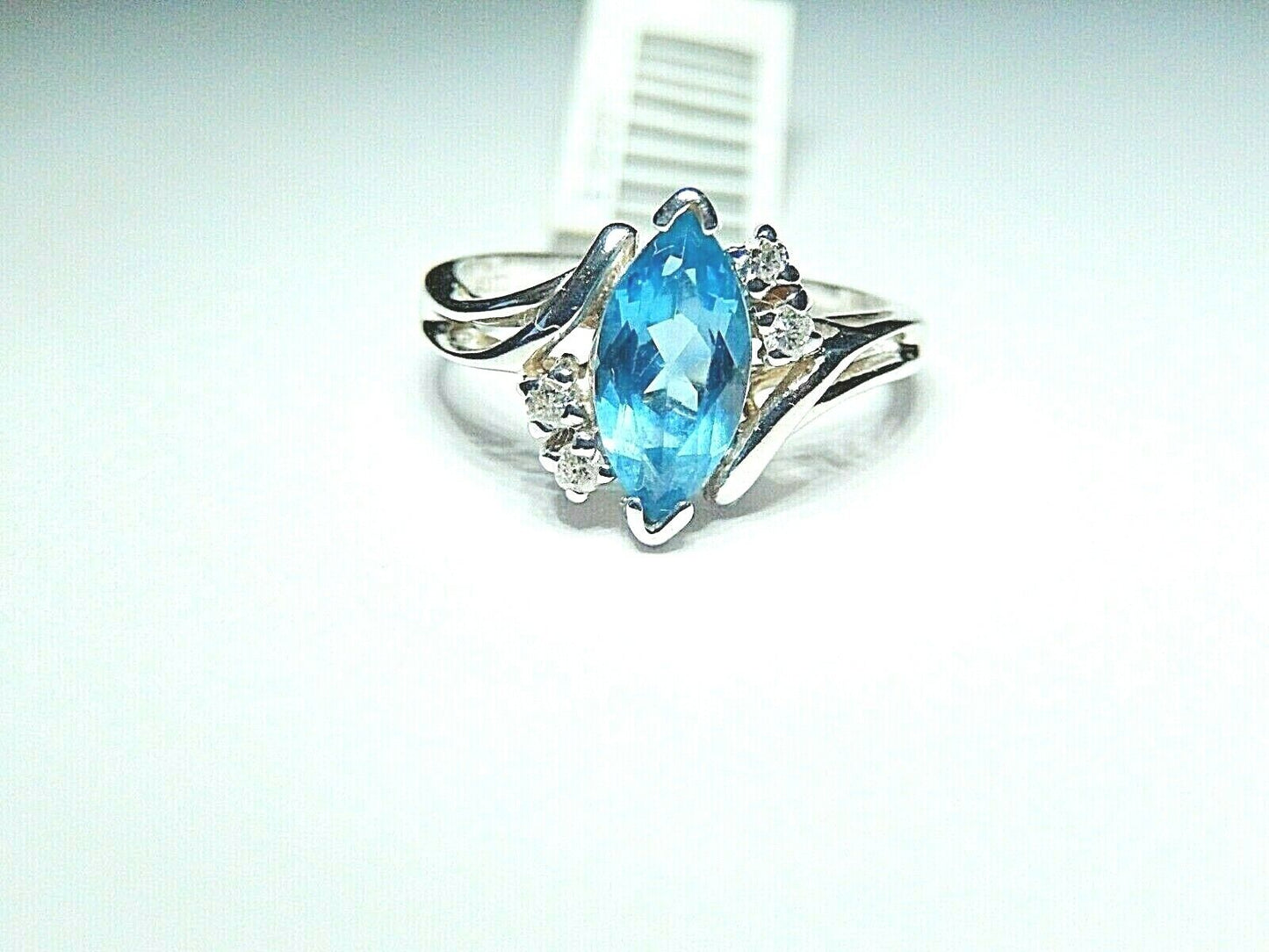 *VINTAGE* 14k White Gold 1.00CT Marquise London Blue Topaz & Diamond Ring Sz6.75