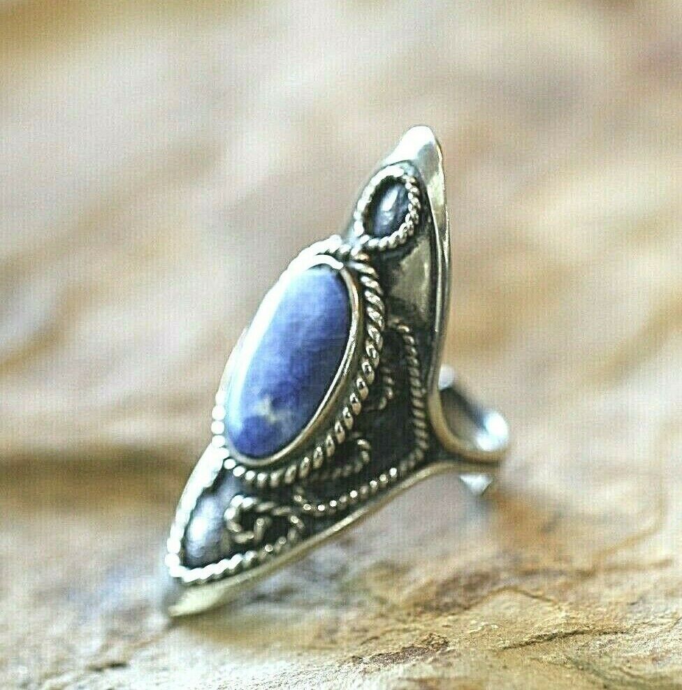 *VINTAGE*  Lapis Tibetan Long Silver Bohemian Handmade Ring Size Adjustable