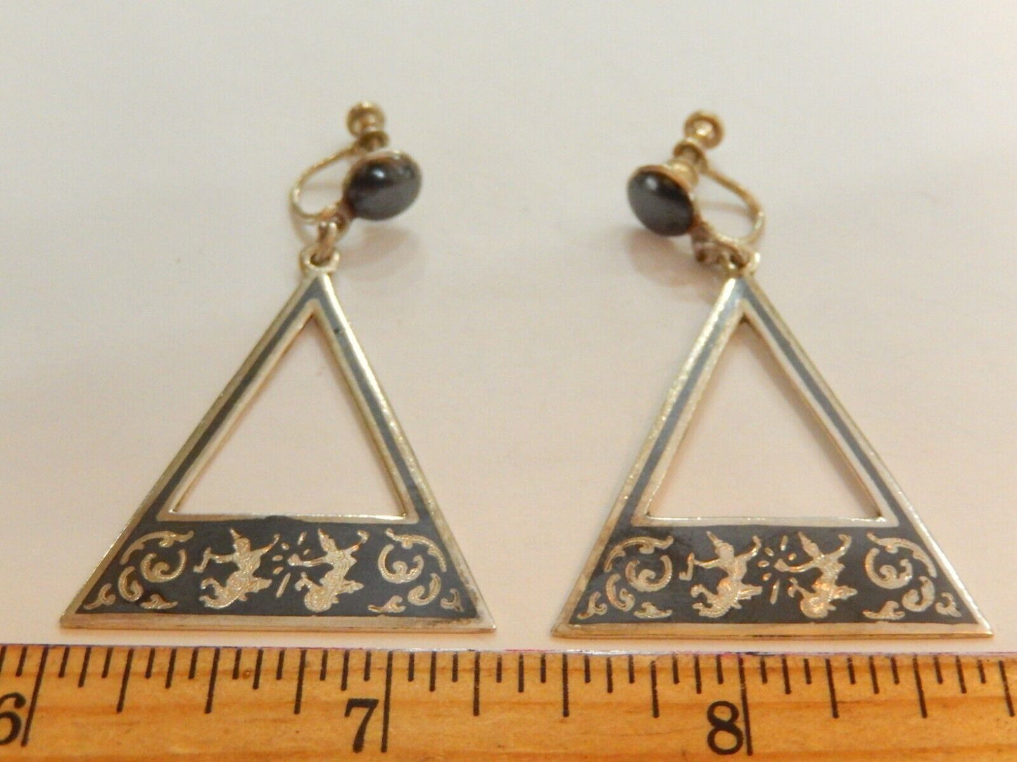 *VINTAGE*  Large SIAM Sterling Silver Earrings 925 Screw Back Black Enamel