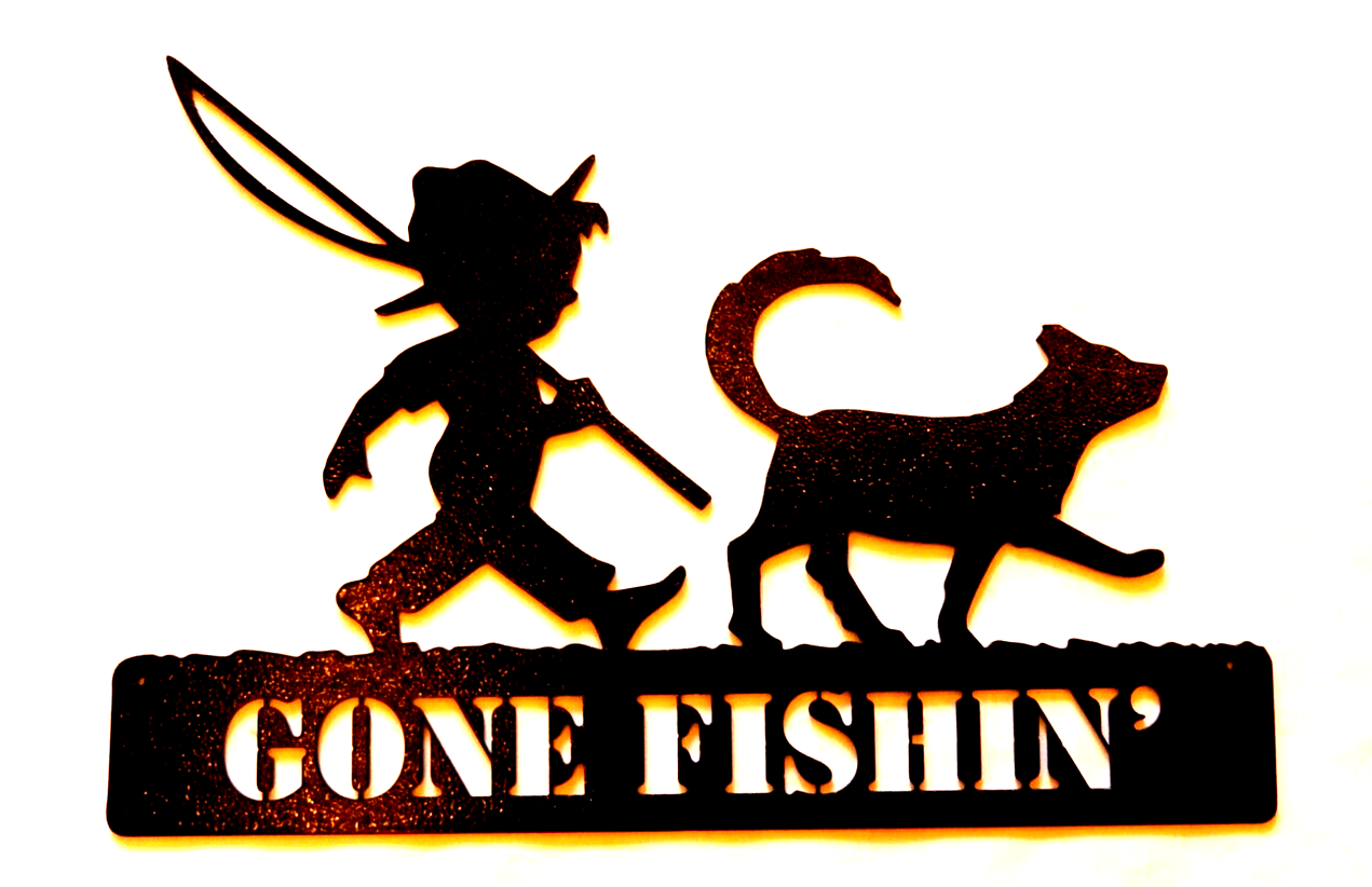 *NEW* 14ga. "GONE FISHIN" Boy & Dog 12" x 8" Powder Coated Black Metal Wall Art