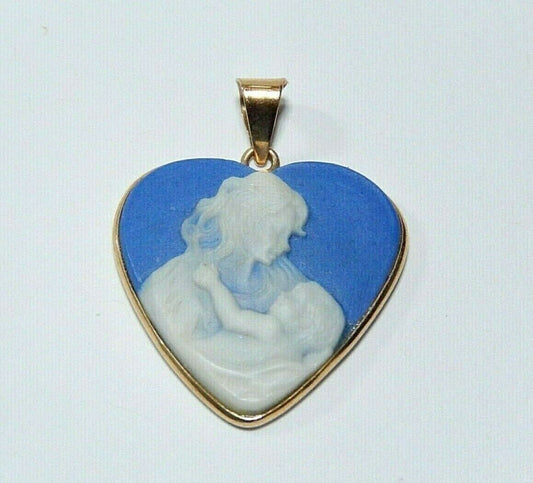 *VINTAGE*  10K Yellow Gold Mother Child Carved Cameo Heart Pendant 1 1/8" x 7/8"