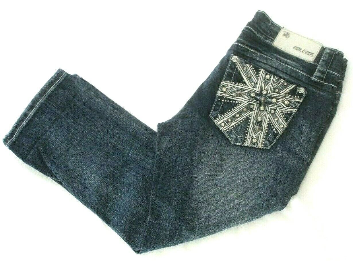 *MINT* Grace in LA Women  Embellished Embroidered Crystal Capri Jeans W28 x L18