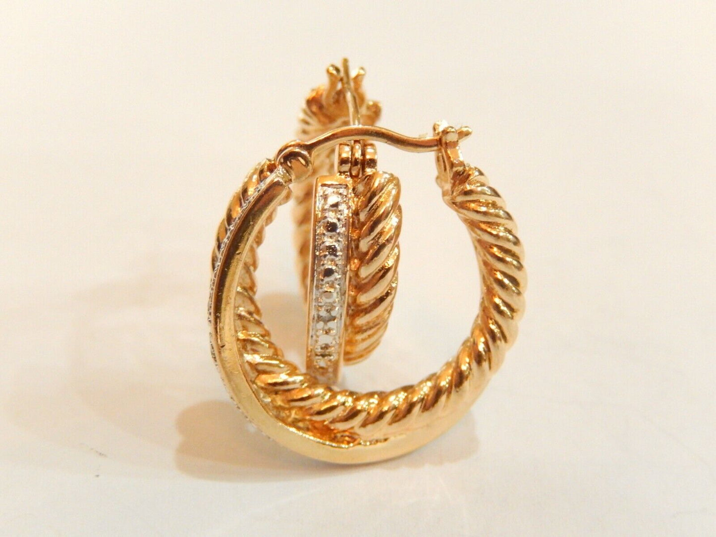 14K Yellow Gold Vermeil .925 SS Real Diamond  Hoop Earrings 13.7gms