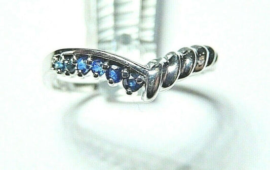 *NWT* 14K White Gold  Blue Sapphire V Shape Curved  Band Ring Size 8.5
