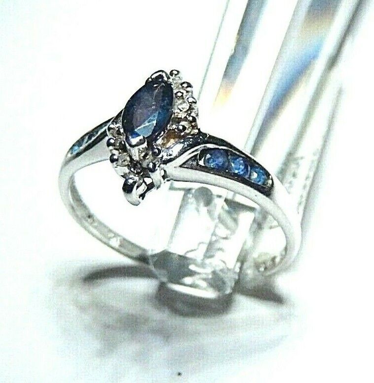 *NWT*  14k White Gold Blue Natural Sapphire & Halo Diamond Ring  Size 7.5