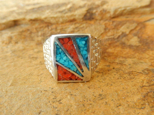 *VINTAGE*  Turquoise & Coral Sterling Silver Native Amer Signed Ring Sz 11