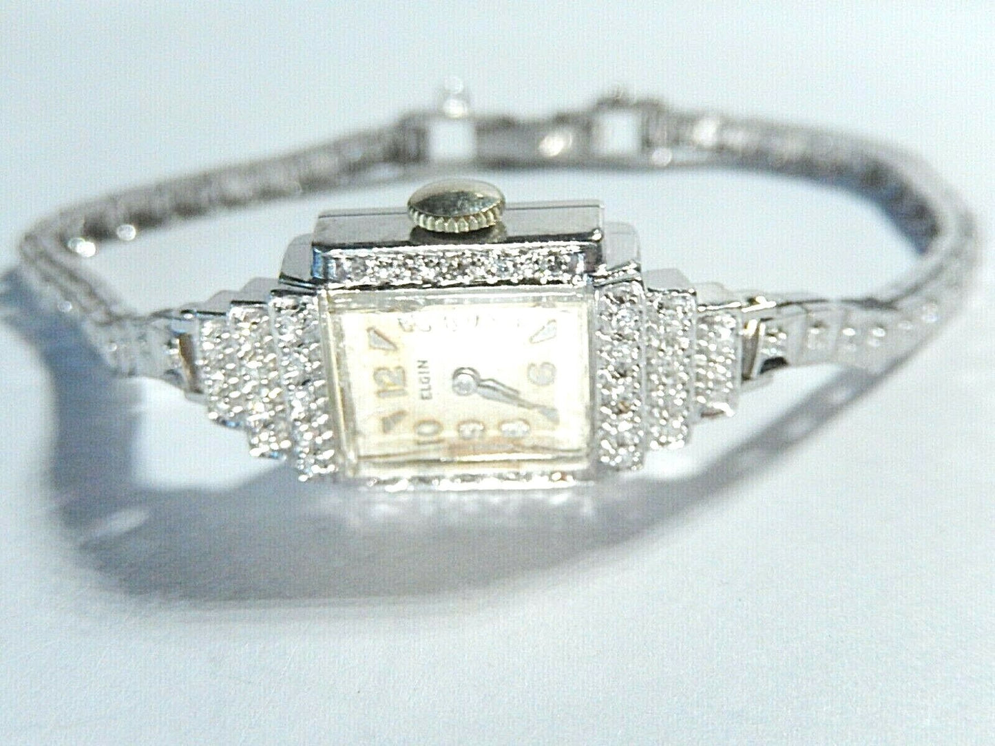 *VINTAGE* ELGIN Ladies 14K White Gold 70 Diamond Wristwatch W/Diamond 14K Band