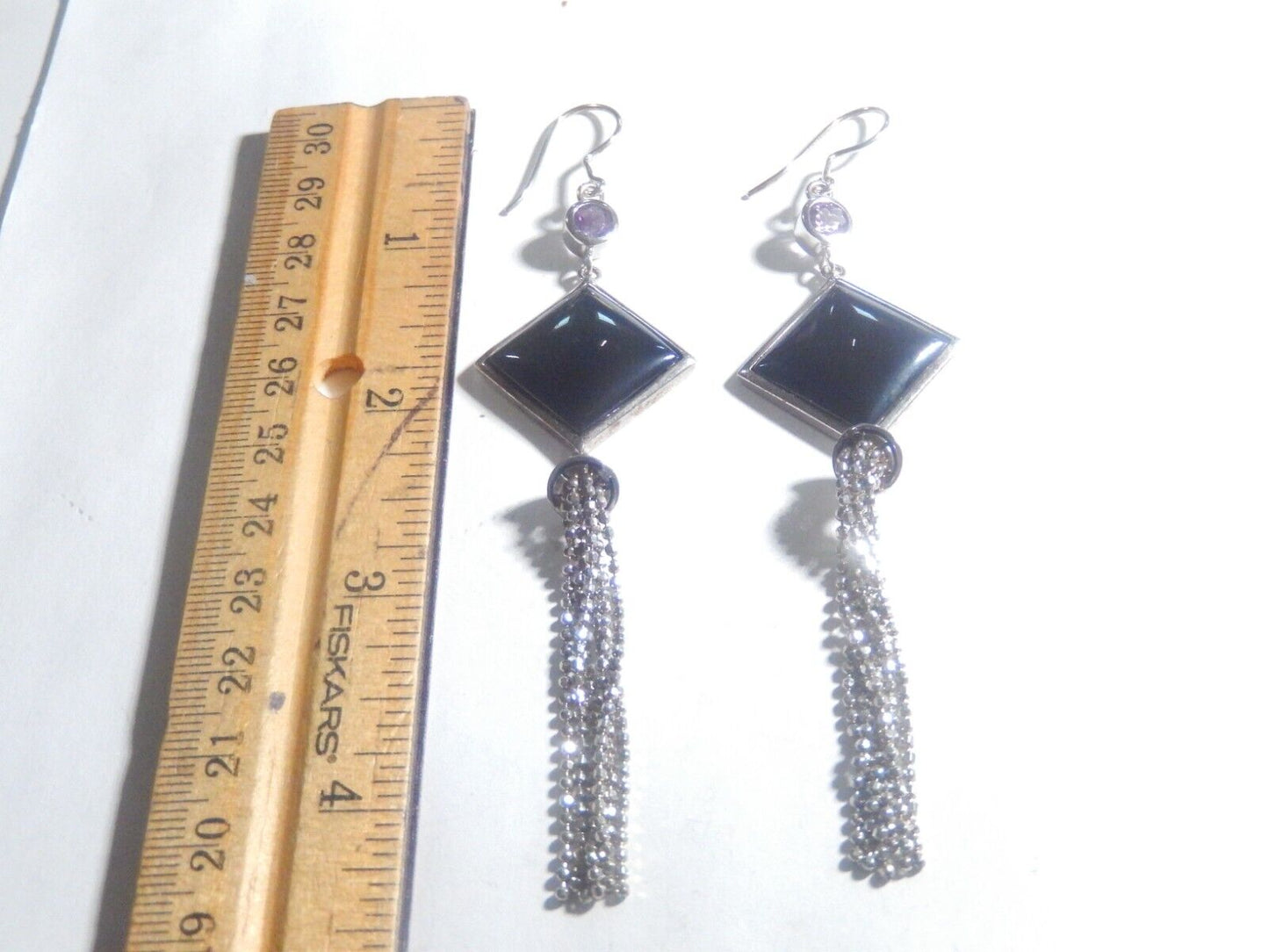 *VINTAGE* Sterling Silver ART DECO Long Black Onyx & Amethyst Dangle Earrings