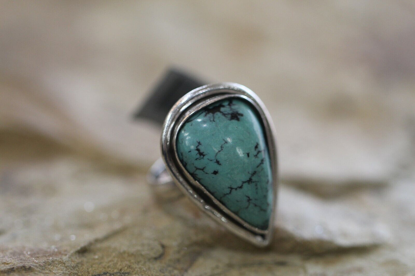 *VINTAGE*  Native American Pear Shape Turquoise Sterling Silver Ring  size 7