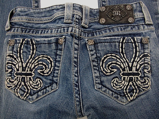 NICE MISS ME BOOT CUT EMBELLISHED SILVER EMBROIDERED FLEUR DENIM JEANS  26 X 26