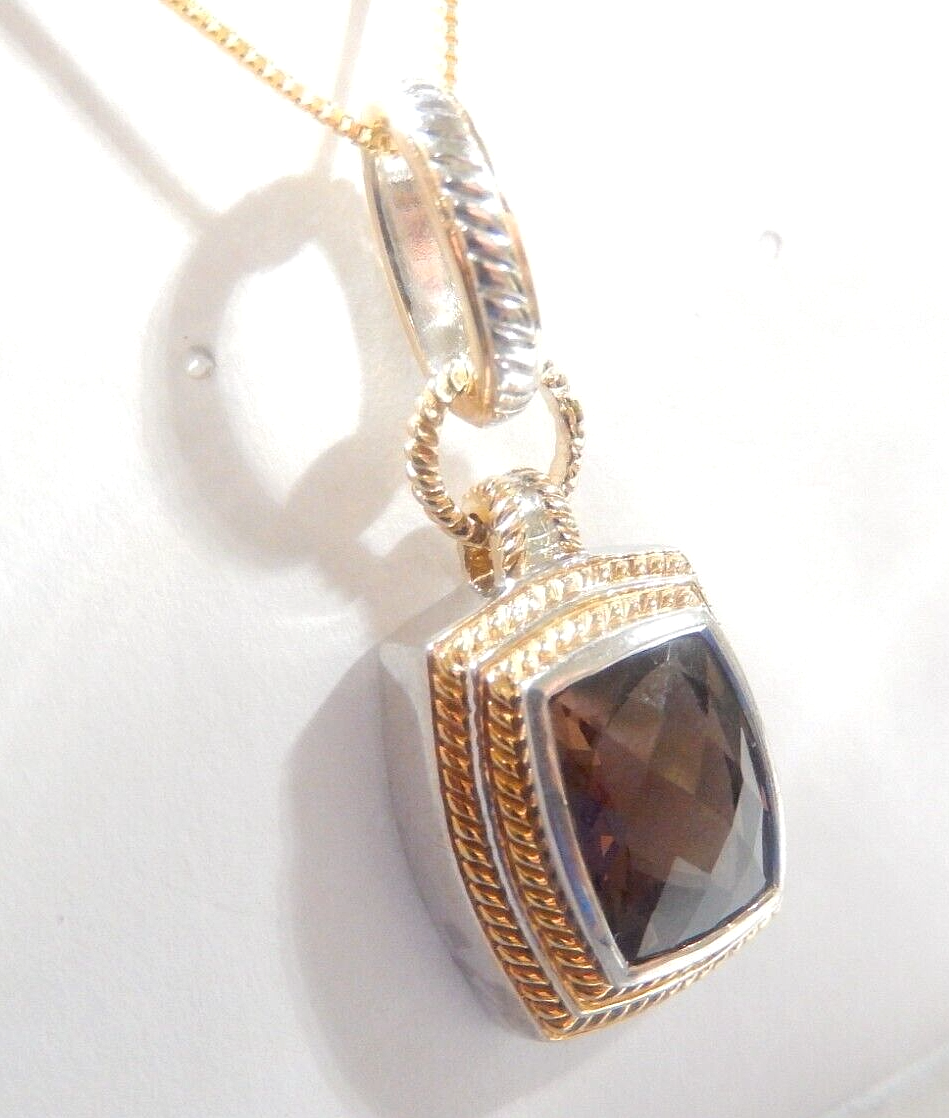 *VINTAGE* Designer "TJ" Gold Vermeil Sterling 3CTSmoky Quartz Pendant w/18"chain