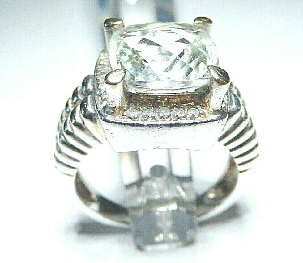 *VINTAGE*  Sterling Silver Checker Board Cut Green Quartz Ring Size 6.75