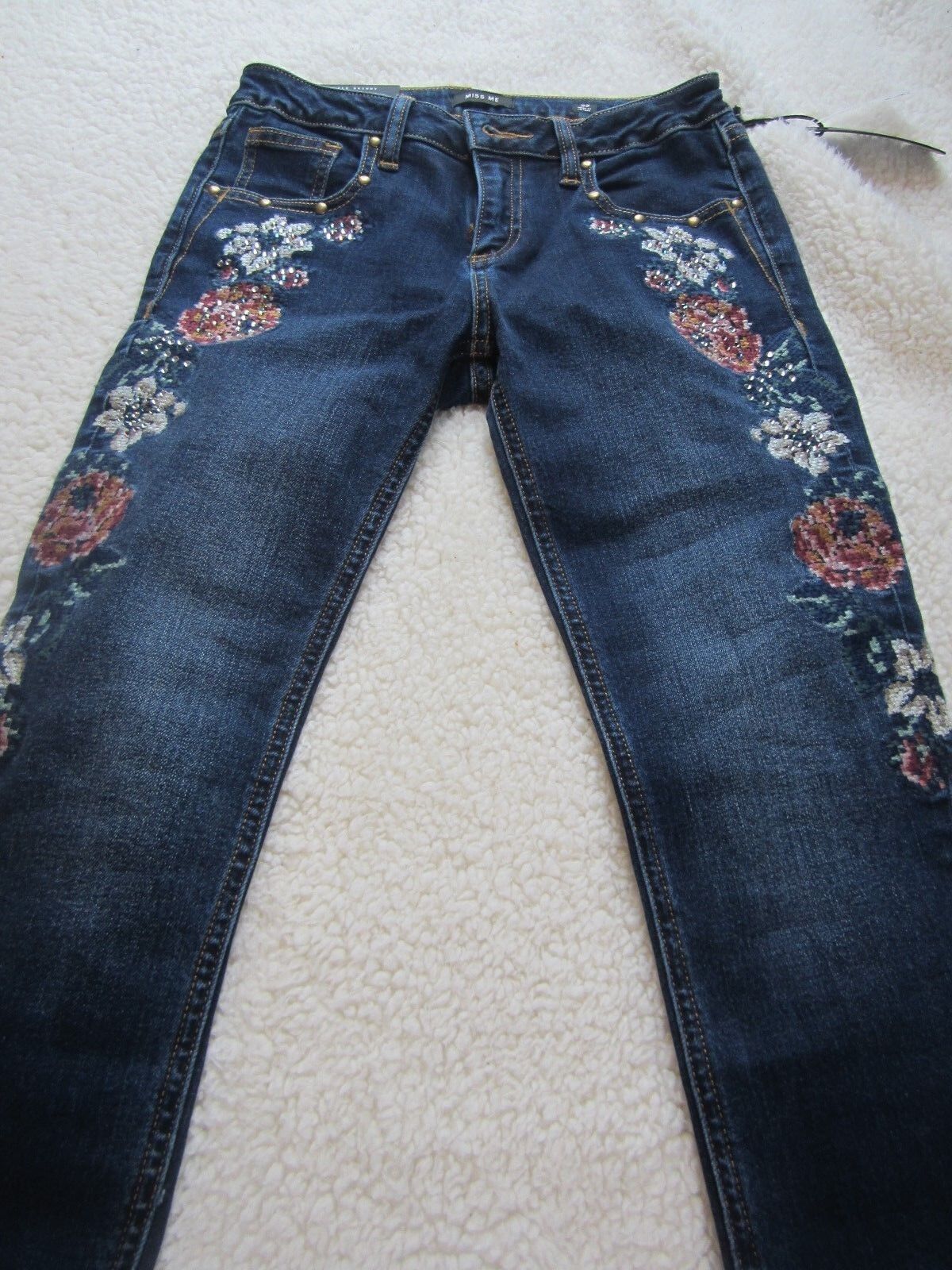 NWT MISS ME Embellished Ankle Skinny Cut Stretch Dark Blue Jeans 25 x 27
