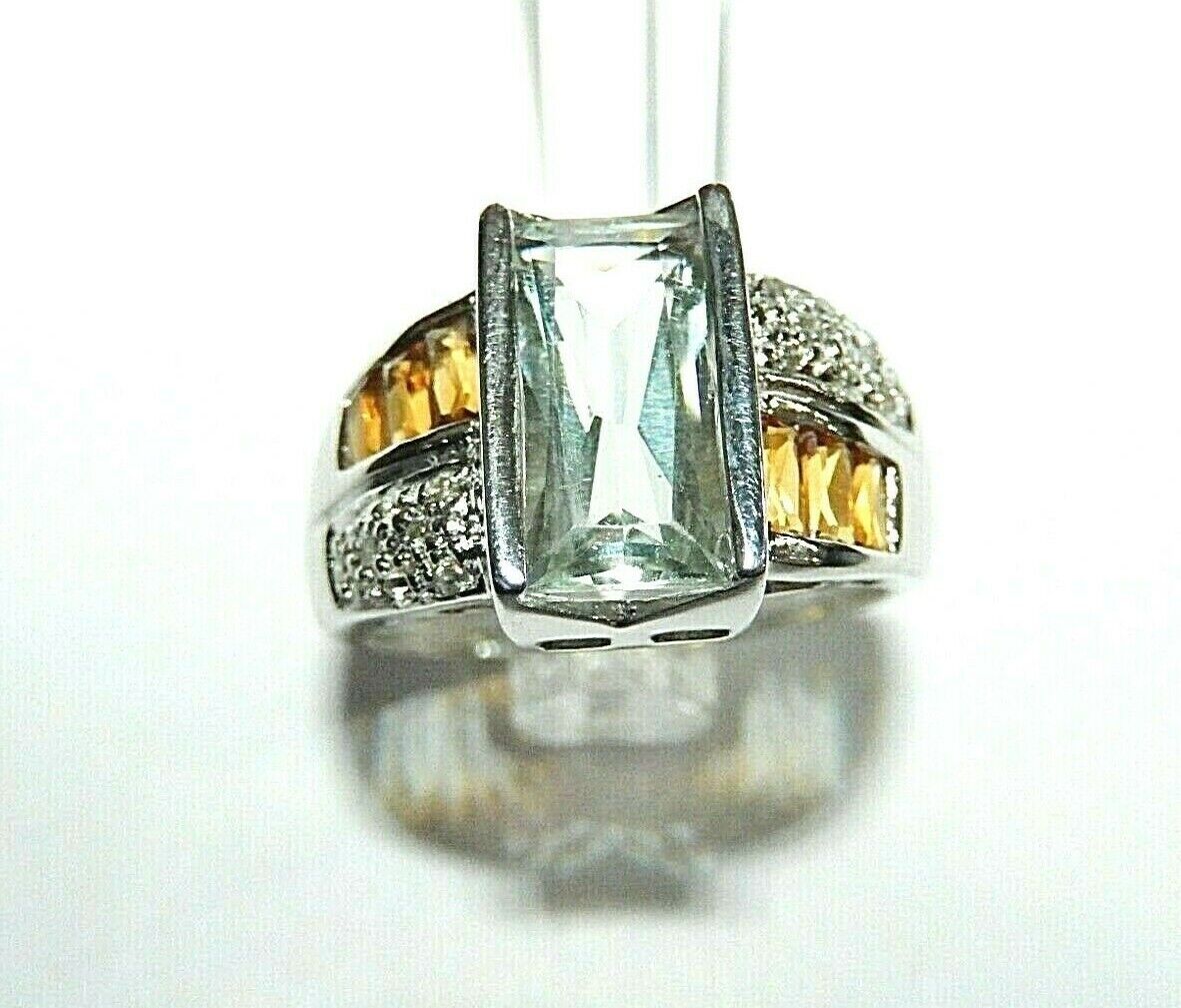*VINTAGE* 14k Yellow Gold 3.50 CT Aquamarine / Citrine / Diamond SNB Design Ring