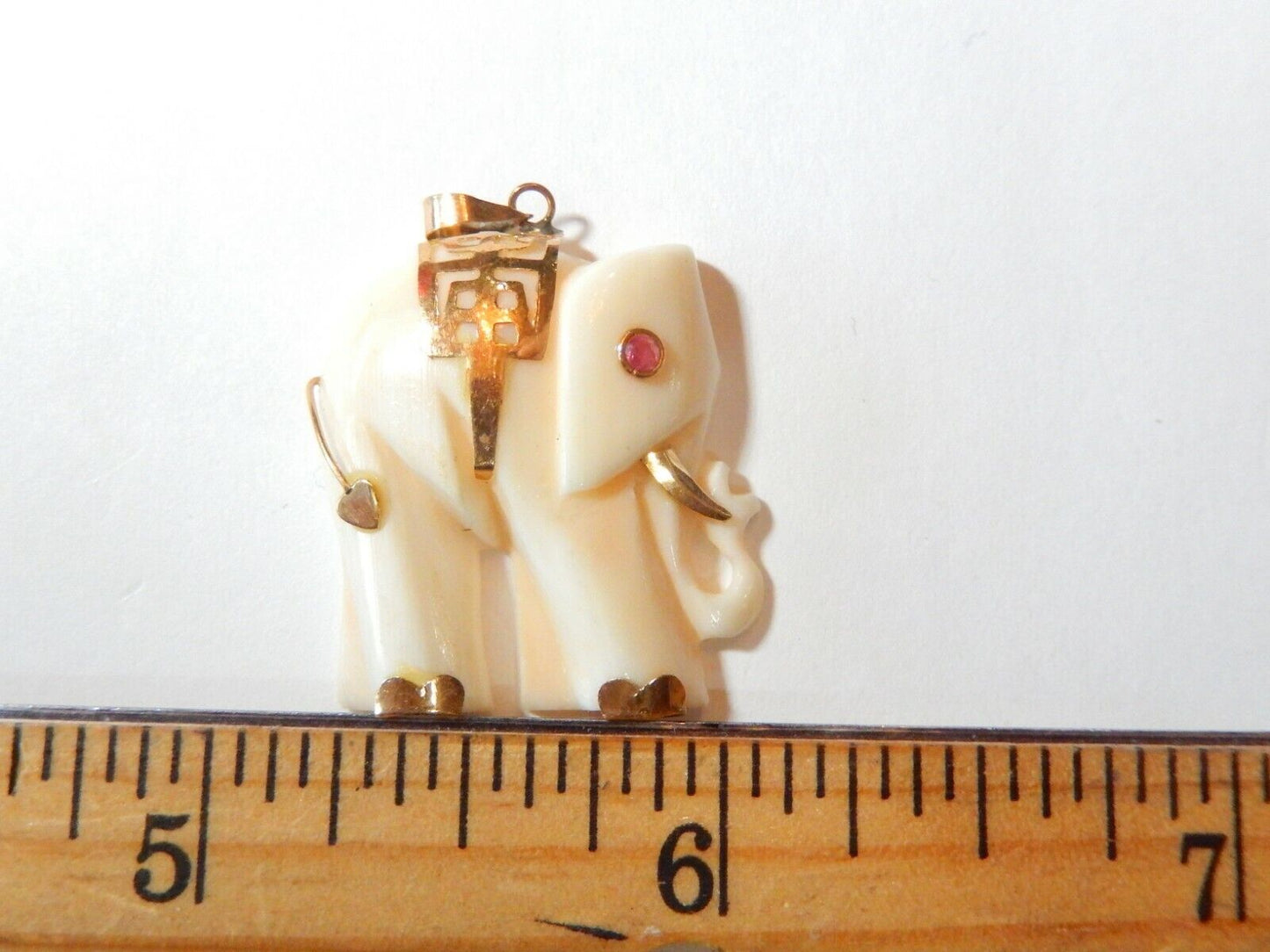 *VINTAGE*  14k Gold Hand Carved Elephant Pendant with Ruby Eye