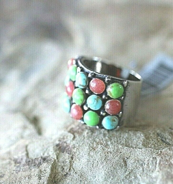 *VINTAGE* Native American Sterling Silver Large Heavy Multi-Stone  Ring Size 7.5
